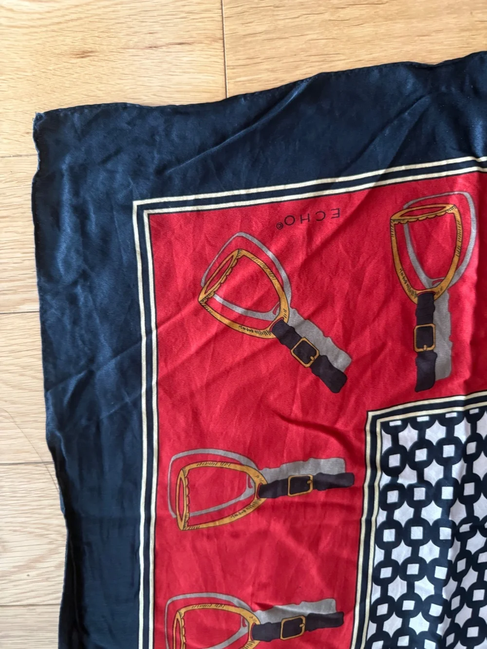 Echo Equestrian Stirrup Print Silk Scarf Red Navy 33x33 Vintage